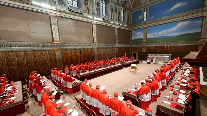 Pope Leo XIV stands in the Sistine Chapel among cardinals after being elected, at the Vatican, May 8, 2025. Vatican Media/Francesco Sforza/Handout via REUTERS/ File Photo