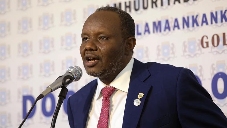Somalia's presidential candidate of South West state Abdiaziz Hassan Mohamed speaks inside the Somali Parliament house in Mogadishu