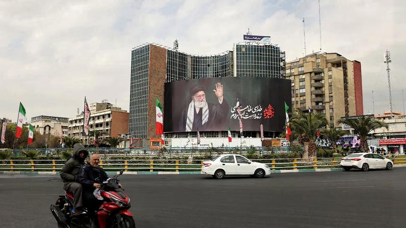 A billboard of Iran's late Supreme Leader Ayatollah Ali Khamenei on a street, after he was killed in Israeli and U.S. strikes on Saturday, in Tehran, Iran, March 2, 2026. Majid Asgaripour/WANA (West Asia News Agency) via REUTERS