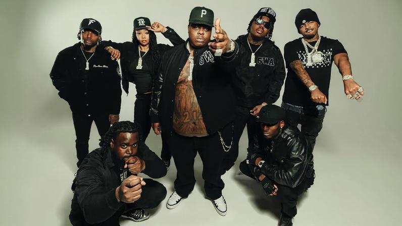 Back row from left: DJ DirtyGlove Bubba, KaineMusic, BigXthaPlug, MurdaGang PB, KevanGotBandz. Front: Yung Hood, Ro$ama