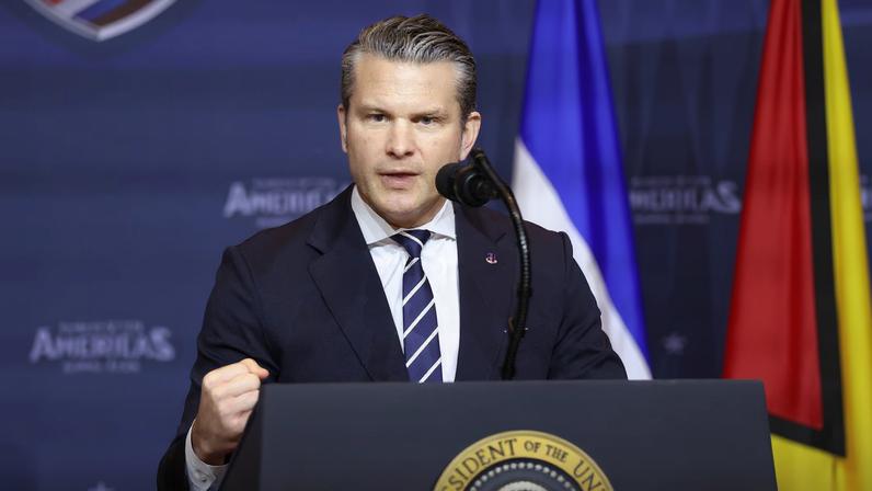 U.S. Secretary of Defense Pete Hegseth speaks at the "Shield of the Americas" Summit in Miami, Florida, U.S., March 7, 2026. REUTERS/Kevin Lamarque