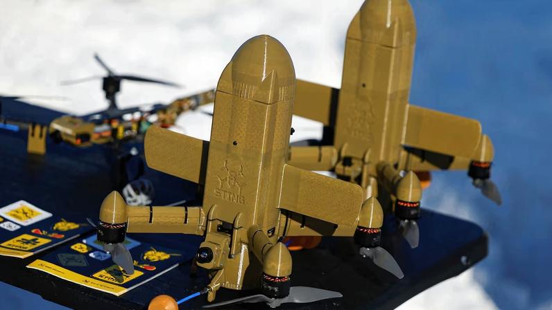 STING FPV interceptor drone is displayed at an exhibition of Ukrainian drone makers in an undisclosed location in Ukraine