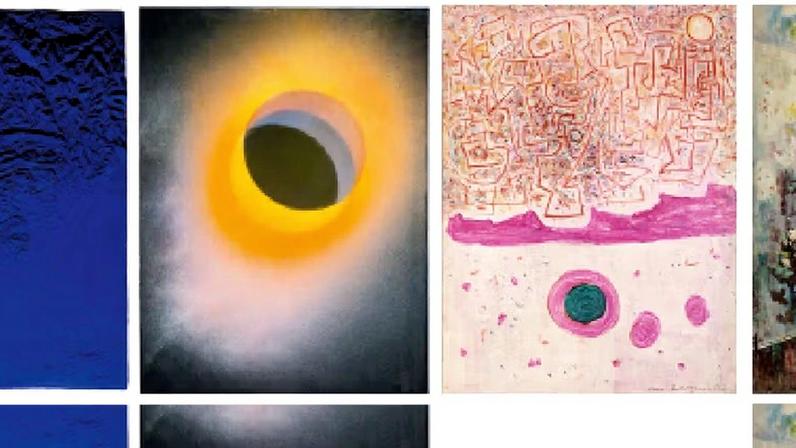 Family pack: the Stedelijk show features (from left): Yves Klein’s Planetaire reliëf ‘Regio Grenoble’ (RP 10) (1961); Trou noir (around 1972) by Rotraut; Marie Raymond’s Spring (1976); and The Flower Shop (undated) by Fred Klein