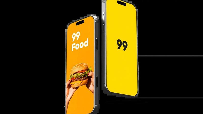 Dois celulares co fundo amarelo mostram o logo da 99 Food