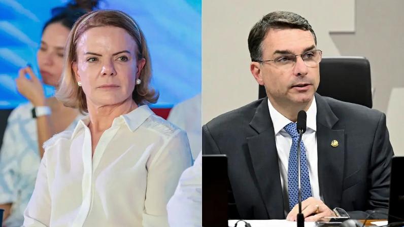 Gleisi acusou senador de integrar "rede político" ligada ao Comando Vermelho. Flávio respondeu: "acuse-os do que você faz". (Foto: Gil Ferreira/SRI-PR; Edilson Rodrigues/Agência Senado)
