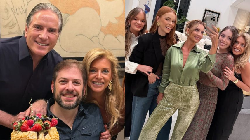 Roberto Justus com o filho, Ricardo Justus, e a ex-mulher Sacha Chryzman; Rafa Justus, Fran Justus, Ana Paula Siebert, Fabiana Justus e Sacha