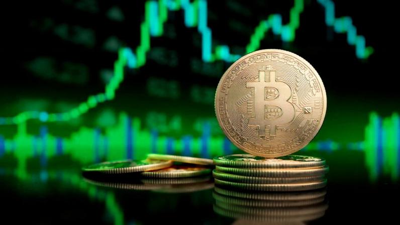 Bitcoin na frente de um fundo de gráfico de alta