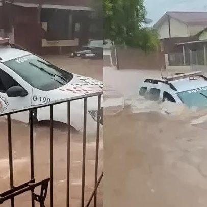 Viatura da PM é arrastada por enxurrada no interior de SP