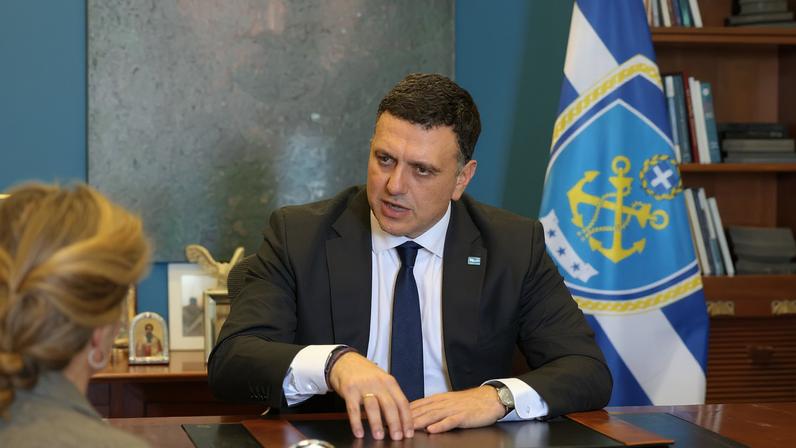 Greek Minister of Maritime Affairs and Insular Policy Vassilis Kikilias speaks during an interview with Reuters, amid the U.S.-Israel conflict with Iran, at the Ministry of Maritime Affairs and Insular Policy in Piraeus, Greece, March 3, 2026.