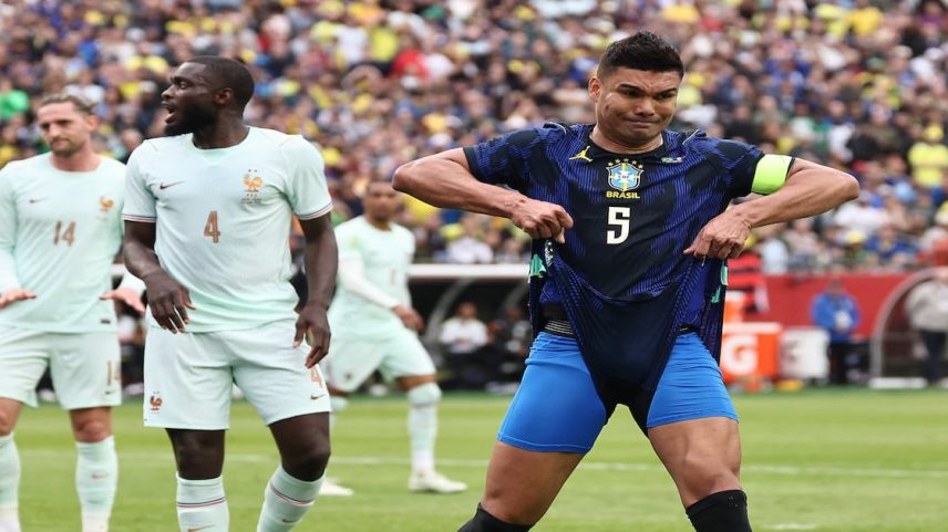 Mar 26, 2026; Foxborough, Massachusetts, USA; Brazil midfielder Casemiro (5) reacts to missing the goal on a header during the first half against France at Gillette Stadium. Mandatory Credit: Winslow Townson-Imagn Images