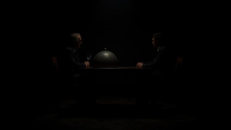 Illustration of two silhouetted people sitting at a table with a covered dish between them.