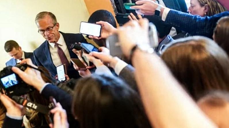 U.S. Senate Majority Leader John Thune speaks to the media at the U.S. Capitol in Washington, D.C., on March 26, 2026