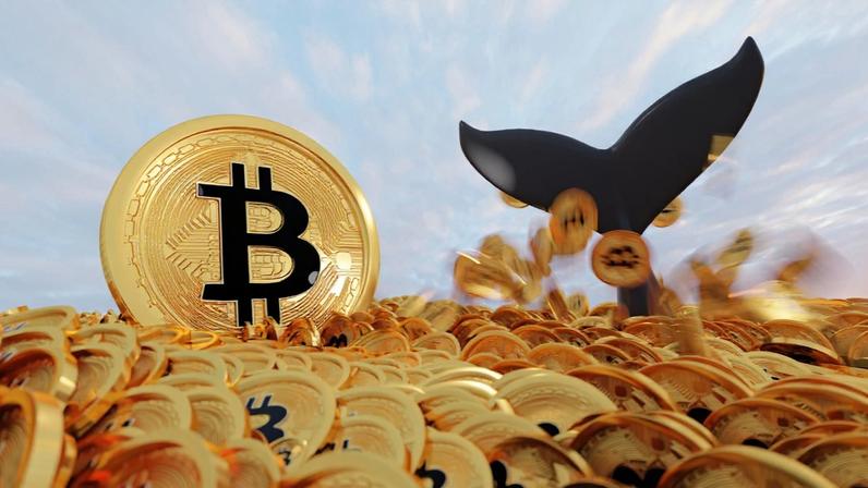 Cauda de baleia sob um mar de moedas de bitcoin