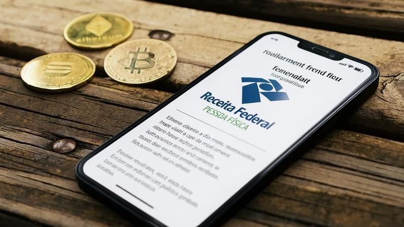 Celular com logo da Receita Federal e Bitcoin e criptomoedas do lado