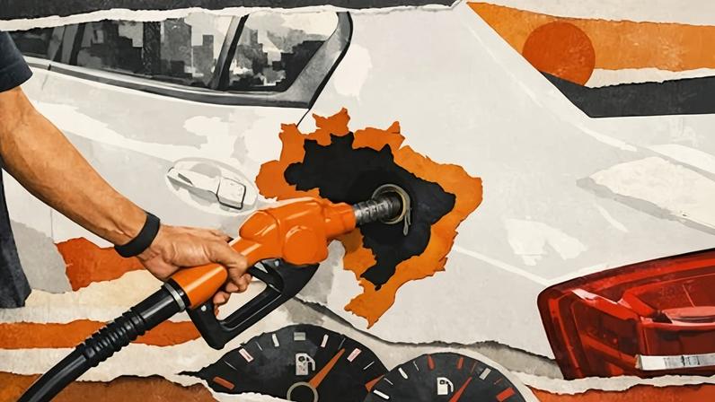Ilustração de uma pessoa abastecendo o carro e o buraco tem o formato do Brasil