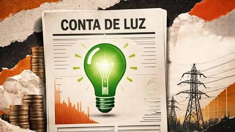Ilustração de uma conta de luz com uma lâmpada verde no meio. Ao fundo, moedas, um gráfico de seta e fios de energia