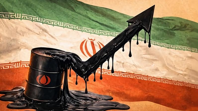 Ilustração de petróleo escorrendo de um barril com uma seta subindo e a bandeira do Irã ao fundo