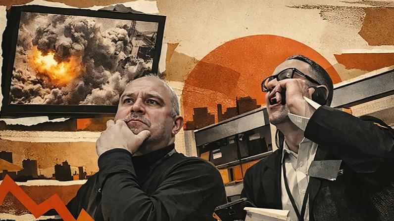 Ilustração de operadores de bolsa olhando uma explosão na televisãomercado financeiro - bolsa - ibovespa - conflito no Oriente Médio - guerra com Irã