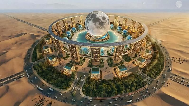 Recriação do complexo Moon World Resorts: uma megaconstrução esférica com uma Lua artificial em seu interior que pretende se tornar o maior edifício esférico do mundo