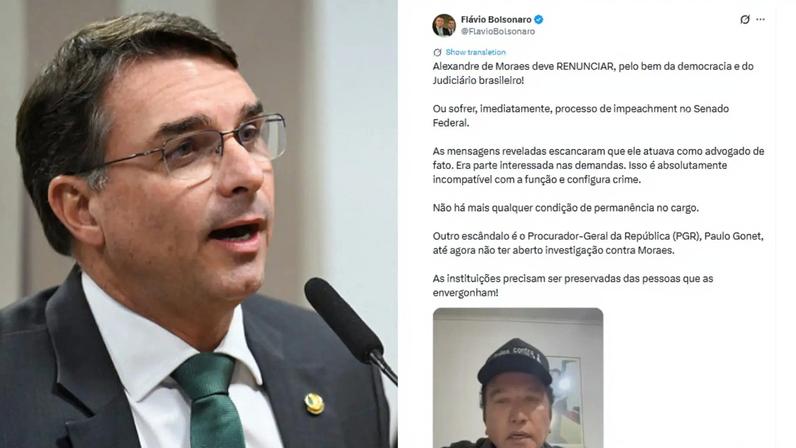 Flávio Bolsonaro pede impeachment de Moraes após mensagens de Vorcaro
