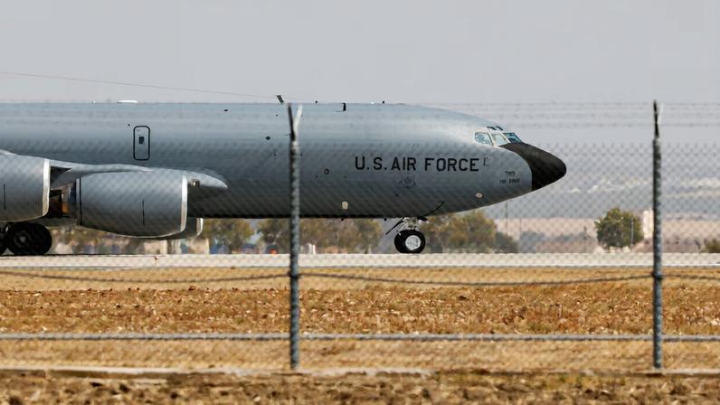 A US Airforce Boeing KC-135 Stratotanker taxies at the Moron Air Base in Moron de la Frontera, southern Spain