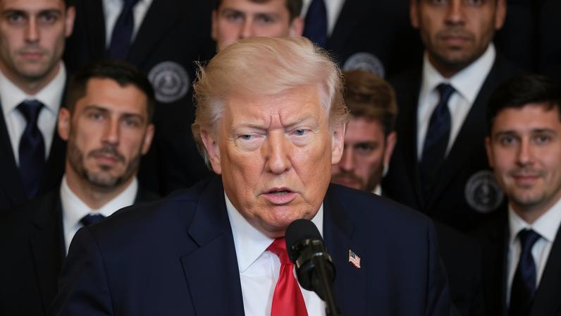 U.S. President Donald Trump speaks on the day he honors reigning Major League Soccer (MLS) champion Inter Miami CF players and team officials with an event in the East Room of the White House in Washington