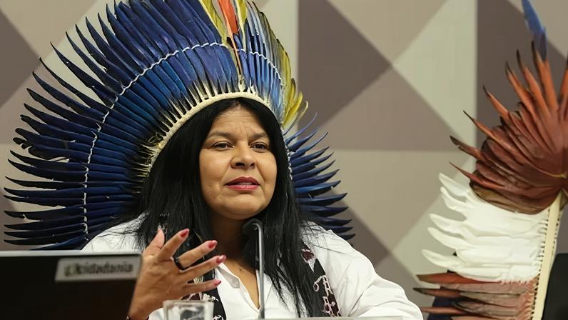 A ministra Sonia Guajajara durante sessão na Comissão dos Direitos Humanos da Câmara