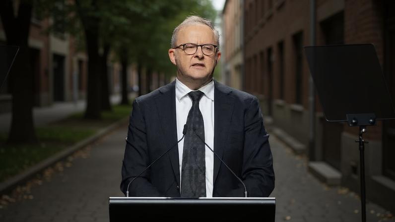 Australian Prime Minister Anthony Albanese speaks at the Sydney Opera House during a National Day of Mourning for the victims of the Bondi Beach mass shooting