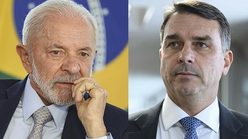 O presidente Lula, à esquerda, e o senador Flávio Bolsonaro, à direita