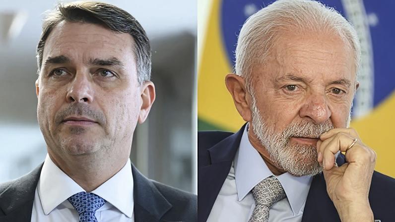 O senador Flávio Bolsonaro (à esquerda) e o presidente Luiz Inácio Lula da Silva (à direita)