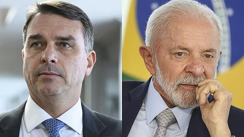 O senador Flávio Bolsonaro (à esquerda) e o presidente Luiz Inácio Lula da Silva (à direita)