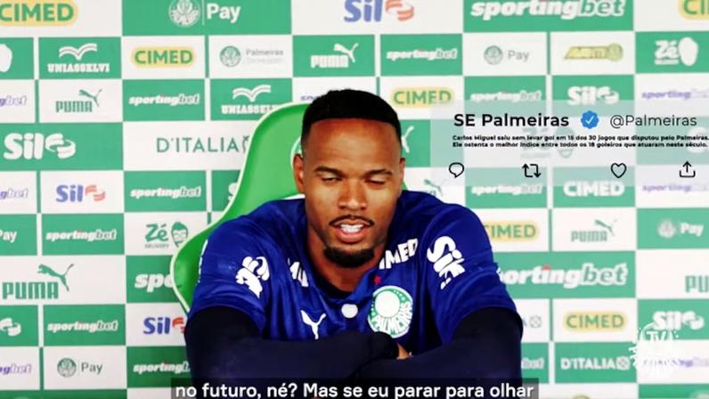 Carlos Miguel celebra marca atingida no gol do Palmeiras