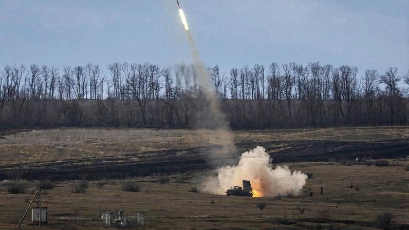 Ukrainian Army troops fire BM-21 "Grad" rockets at Russian positions on March 02, 2023 in the Donetsk Region of eastern Ukraine.