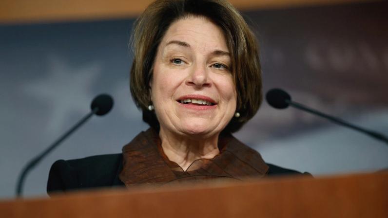 Sen. Amy Klobuchar at a press conference in October 2025.