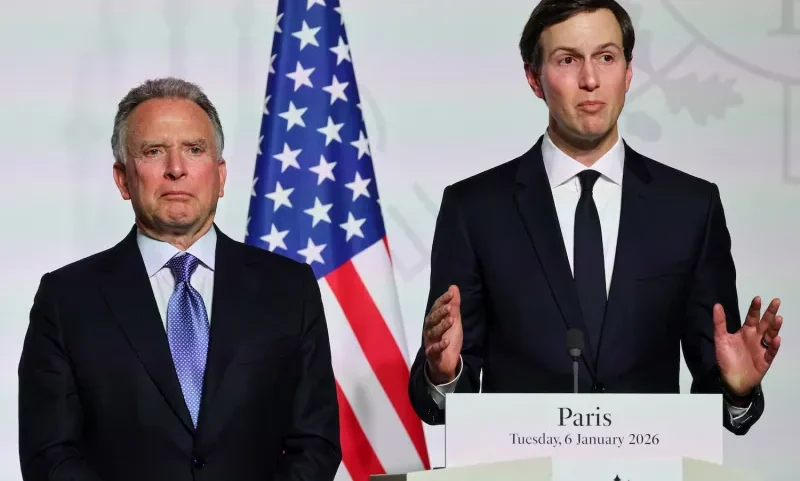 U.S. special envoy Steve Witkoff and Jared Kushner speak at a press conference.