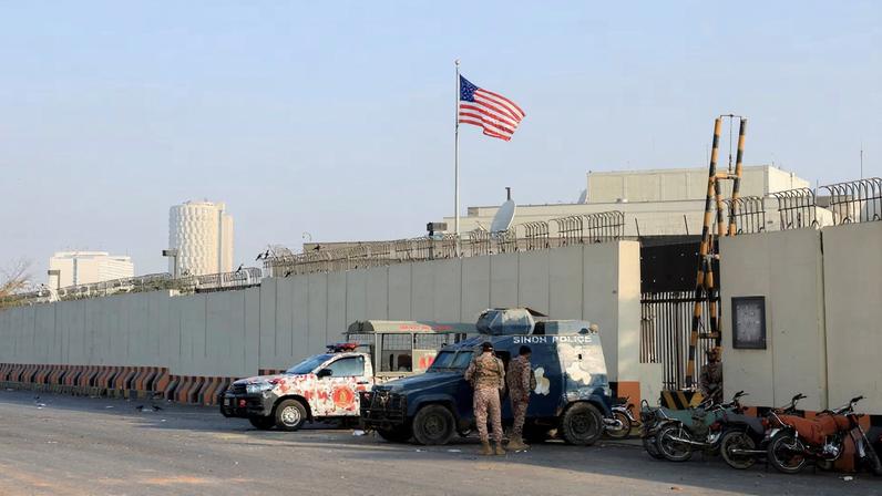 Police and Paramilitary vehicles stand outside U.S. Consulate General, in Karachi