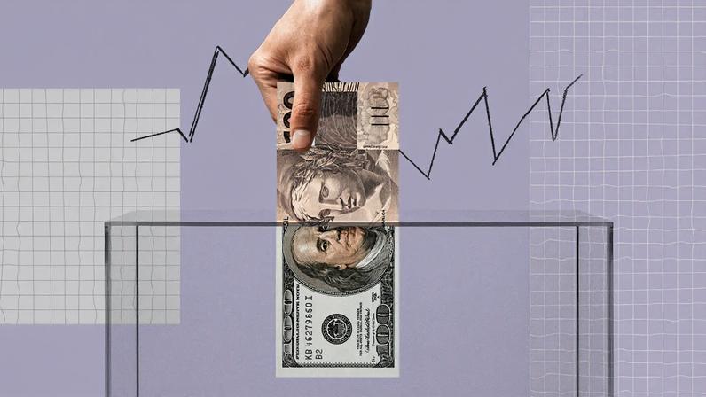 A imagem mostra uma mão segurando uma cédula de cem reais que, ao ser inserida em uma urna, se transforma em uma nota de cem dólares, sobre um fundo lilás com um gráfico em ziguezague e padrões de grade, simbolizando transição financeira.
