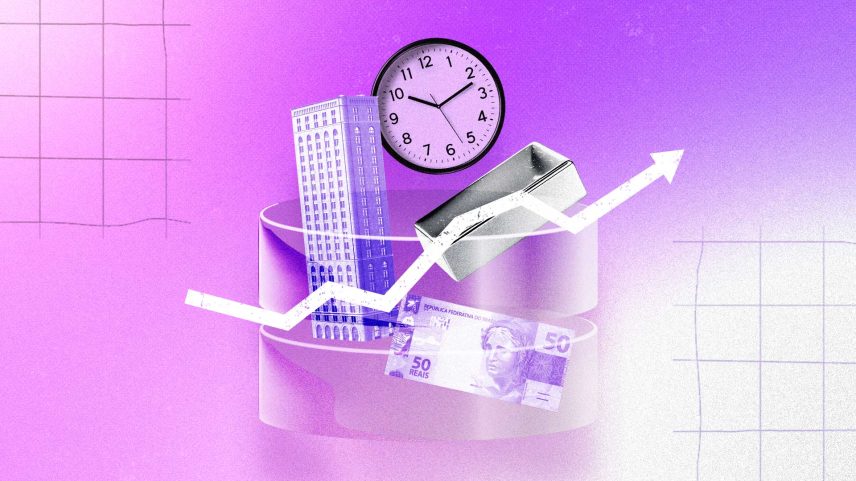 Ilustração conceitual sobre investimentos e mercado financeiro, com gráfico de alta em seta branca, relógio analógico, edifício corporativo, barra metálica e nota de 50 reais, dispostos sobre bases circulares. Fundo roxo com grades sugere tempo, crescimento econômico, renda, ativos financeiros e planejamento de longo prazo.