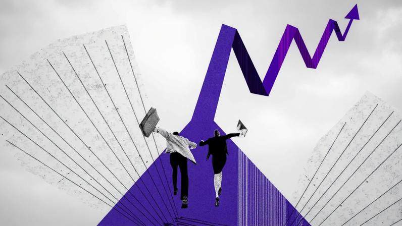 Ilustração em estilo colagem; gráfico; subida de números; dolar; selic; cambio; juros