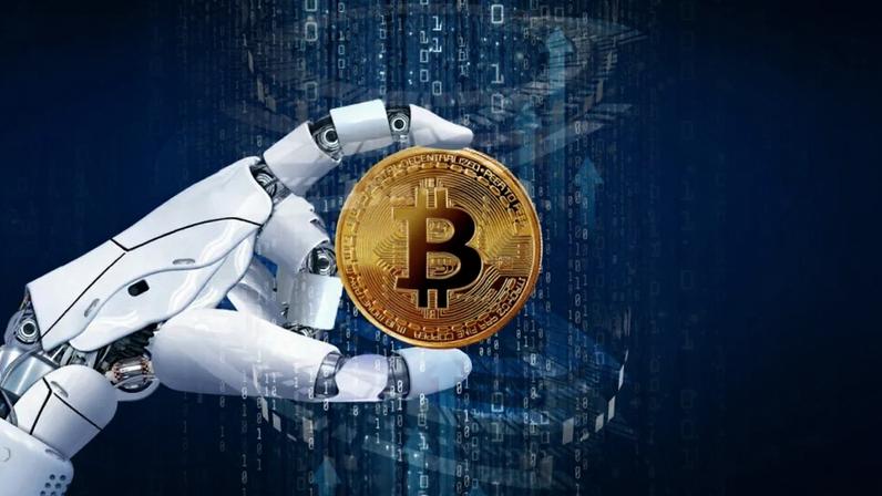 Ilustração mostra mãos robótica segurando moeda de Bitcoin
