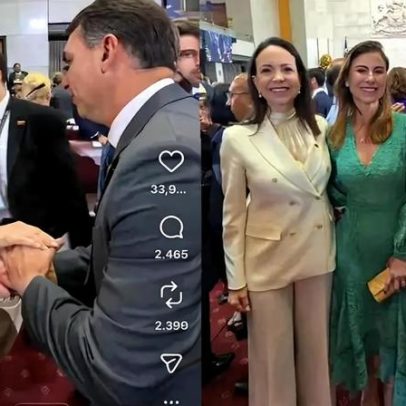 Flávio Bolsonaro sela aliança com Maria Corína Machado no Chile