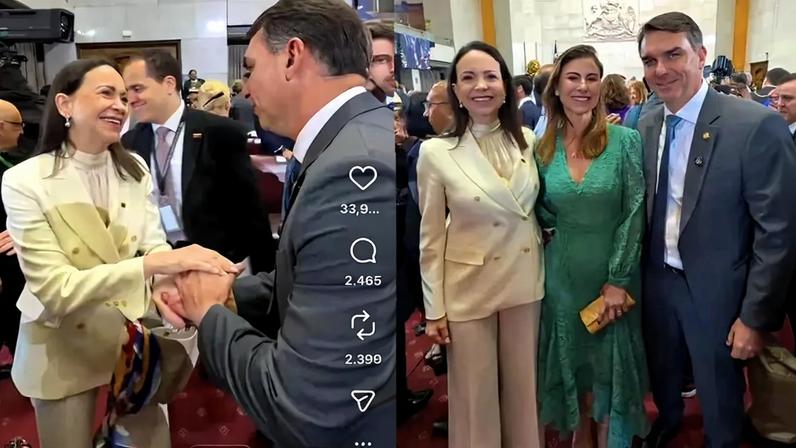 O pré-candidato presidencial Flávio Bolsonaro se encontrou com a líder opositora venezuelana Maria Corína Machado no Chile (Foto: Reprodução/Instagram/@flaviobolsonaro)