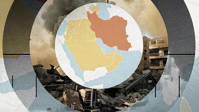 An illustration shows a map of the middle east surrounded by explosion imagery and rubble.