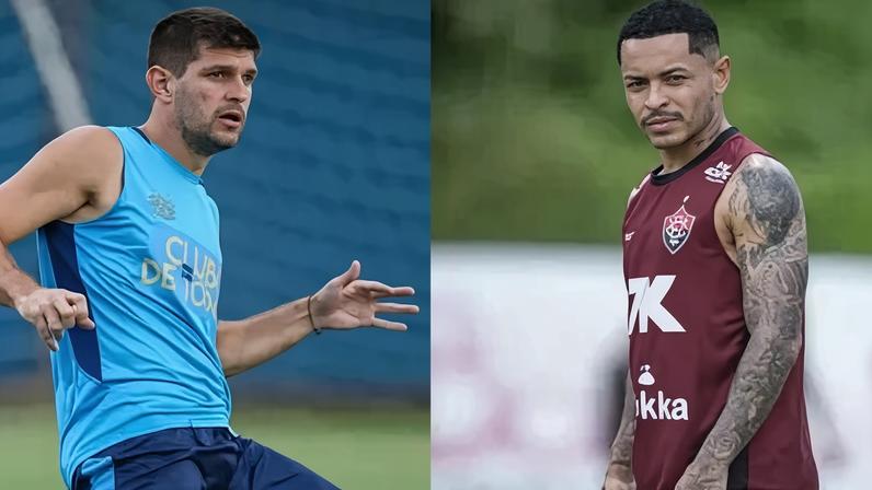 Kannemann, do Grêmio, e Matheuzinho, do Vitória, durante treino das equipes