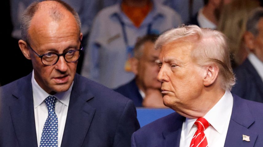 Germany's Chancellor Friedrich Merz speaks with US President Donald Trump before the start of the North Atlantic Council plenary meeting at the North Atlantic Treaty Organisation (NATO) summit in The Hague on June 25, 2025.