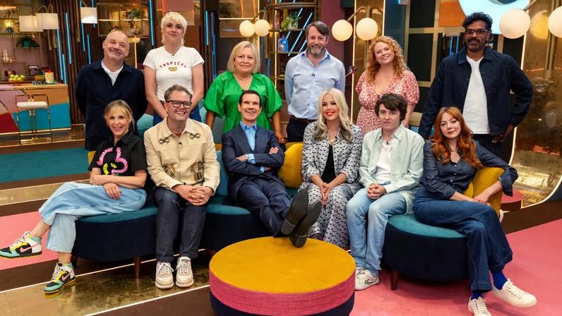 Host Jimmy Carr, center, and the cast of ‘Last One Laughing’ Season Two