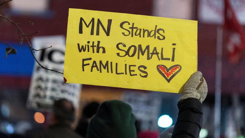 Demonstrators rally in protest against Immigration and Customs Enforcement (ICE), amid a reported federal immigration operation targeting the Somali community, in Minneapolis, Minnesota, U.S.