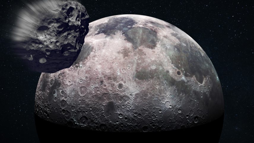 An asteroid speeds towards the moon.