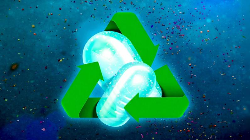 Recycling logo, plastic bottles and ocean background.
