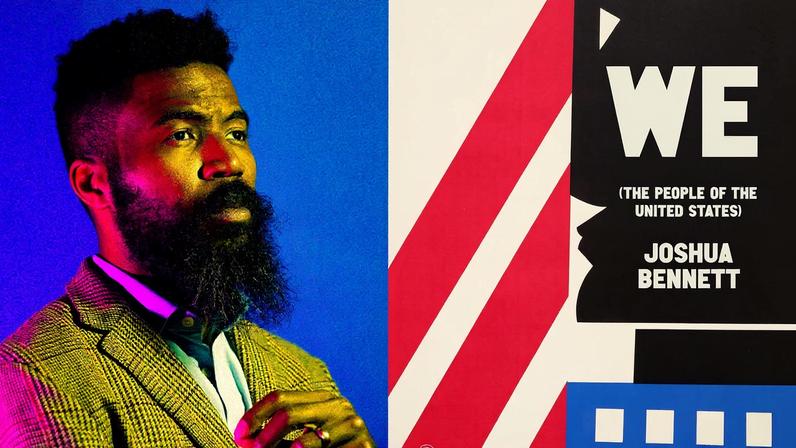 Joshua Bennett portrait with pink and yellow light; and the cover of the book, “We the People.”